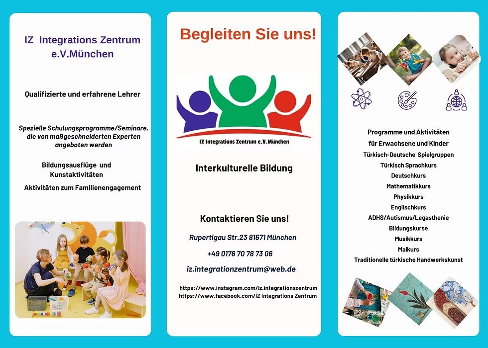 Faltblatt des IZ Integrations Zentrum e.V. München: „Begleiten Sie uns!“ – interkulturelle Bildung, Programme und Aktivitäten